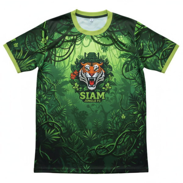 เสื้อฟุตบอลพิมพ์ลาย Siam Jungle FC ลายป่าไม้สีเขียว โลโก้หน้าเสือคำราม ผลิตโดย Sport Mighty
