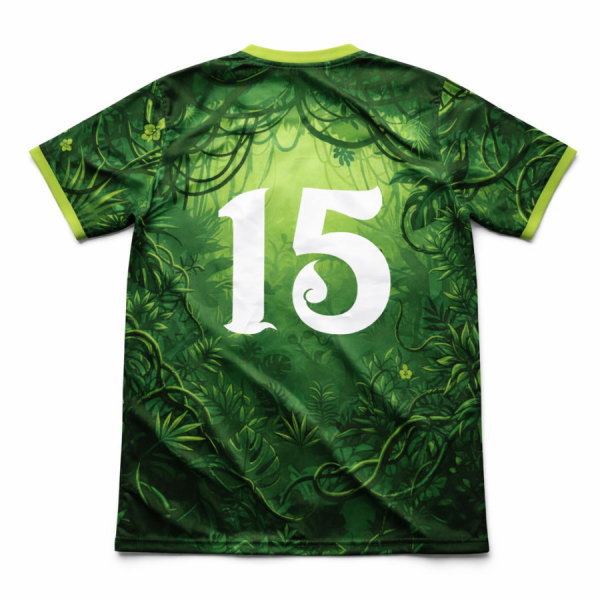 ด้านหลังเสื้อฟุตบอลพิมพ์ลาย เบอร์ 15 ดีไซน์ลายใบไม้และเถาวัลย์ ระบบพิมพ์ซับลิเมชั่นคุณภาพสูง