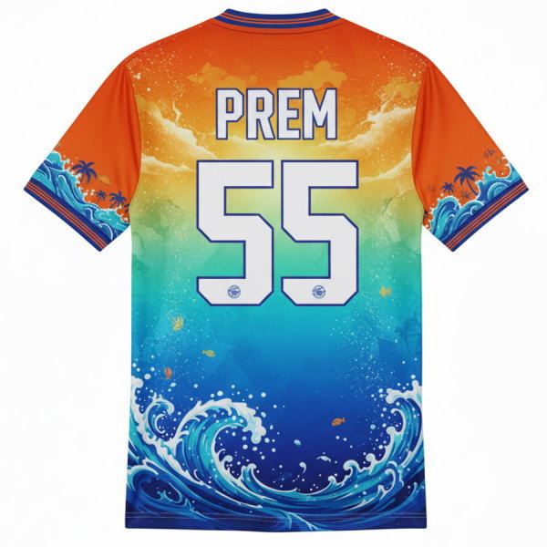 ด้านหลังเสื้อฟุตบอลพิมพ์ลายสีส้มฟ้า สกรีนชื่อ PREM หมายเลข 55 ลายทะเลสวยงาม สั่งทำได้ที่ Sport Mighty