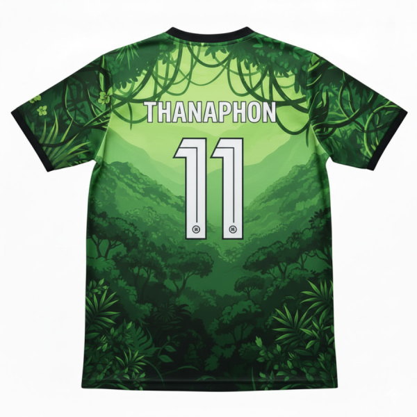 ด้านหลังเสื้อฟุตบอลพิมพ์ลายสีเขียว ชื่อ THANAPHON หมายเลข 11 งานสั่งทำคุณภาพสูงจาก Sport Mighty
