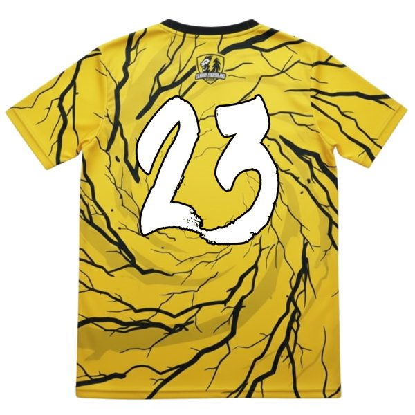 ด้านหลังเสื้อฟุตบอลพิมพ์ลายสีเหลือง เบอร์ 23 ฟอนต์พู่กัน งานสั่งทำเสื้อทีมฟุตบอลคุณภาพสูงจากร้าน Sport Mighty