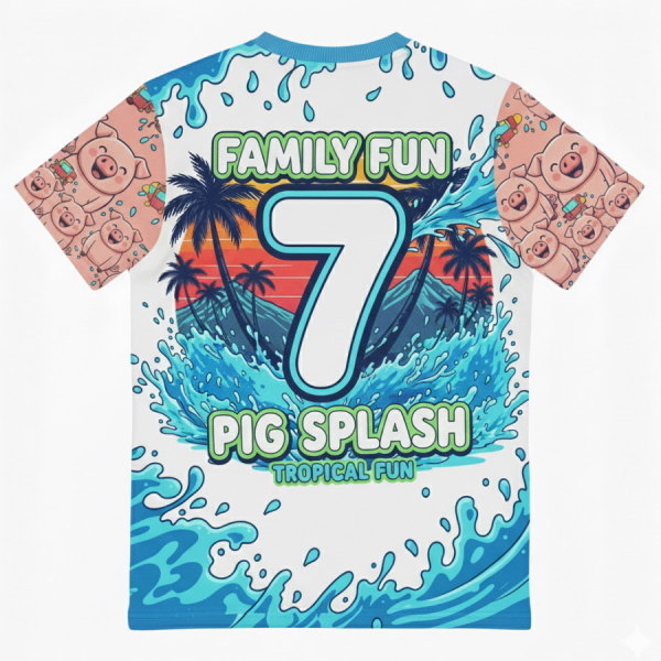 ด้านหลังเสื้อกิจกรรมบริษัท ลาย Pig Splash Tropical Fun เนื้อผ้าไมโครระบายอากาศ สั่งทำเสื้อทีมจำนวนมากในกรุงเทพฯ