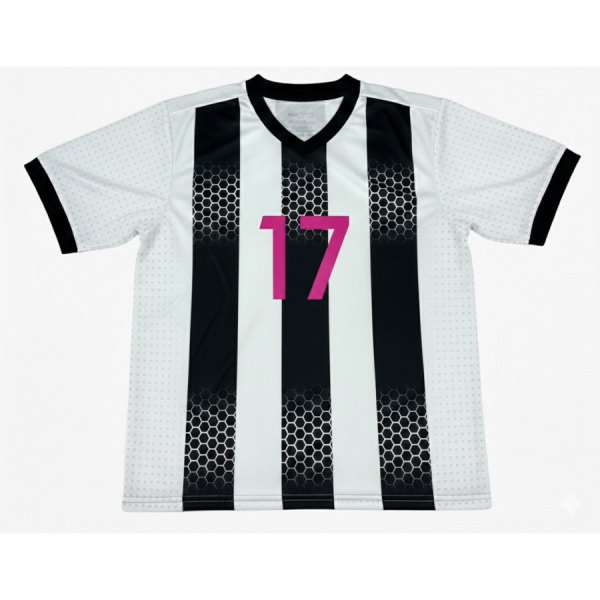 เสื้อฟุตบอลพิมพ์ลายซับลิเมชั่น ลายทางขาวดำด้านหน้า ดีไซน์สไตล์ยุโรป โดย Sport Mighty