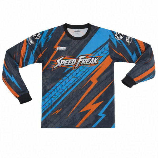 เสื้อทีมมอเตอร์ไซค์แขนยาว พิมพ์ลายซับลิเมชั่น สีน้ำเงินส้ม ลาย SPEED FREAK ด้านหน้า โดย Sport Mighty