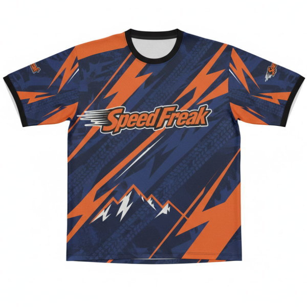 เสื้อยืดแขนสั้นทีมมอเตอร์ไซค์ SPEED FREAK พิมพ์ลายซับลิเมชั่น สีน้ำเงิน-ส้ม ดีไซน์สปอร์ต
