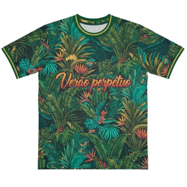 เสื้อพิมพ์ลายซับลิเมชั่น ลายใบไม้ Tropical สีเขียว ข้อความ Verão Perpétuo เนื้อผ้าไมโครโพลีเอสเตอร์สำหรับงานกีฬาและจิตอาสา