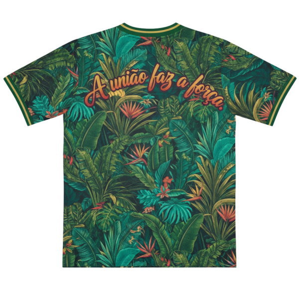 ด้านหลังเสื้อพิมพ์ลายกราฟิกธรรมชาติ พร้อมข้อความ A união faz a força บริการรับผลิตเสื้อกีฬาสีและเสื้อทีมโดย Sport Mighty