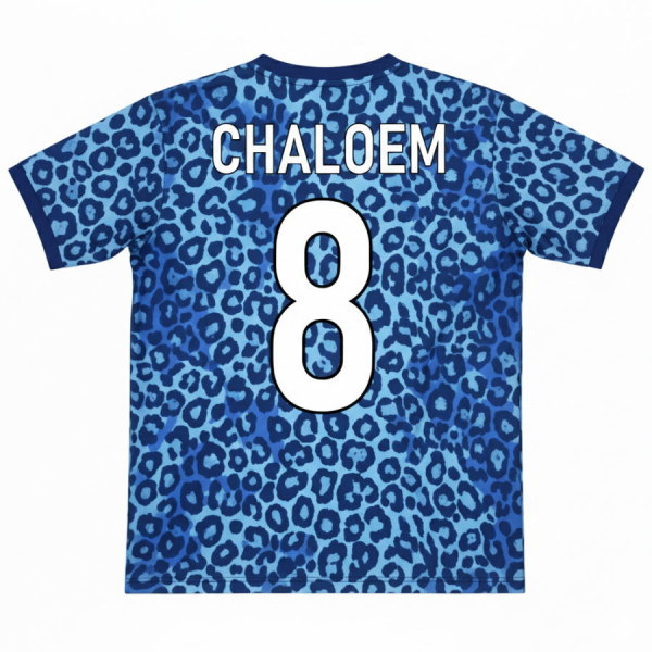 เสื้อกีฬาพิมพ์ลายซับลิเมชั่น ด้านหลัง ระบุชื่อ CHALOEM หมายเลข 8 ผ้าไมโครโพลีเอสเตอร์คุณภาพดี โดย Sport Mighty