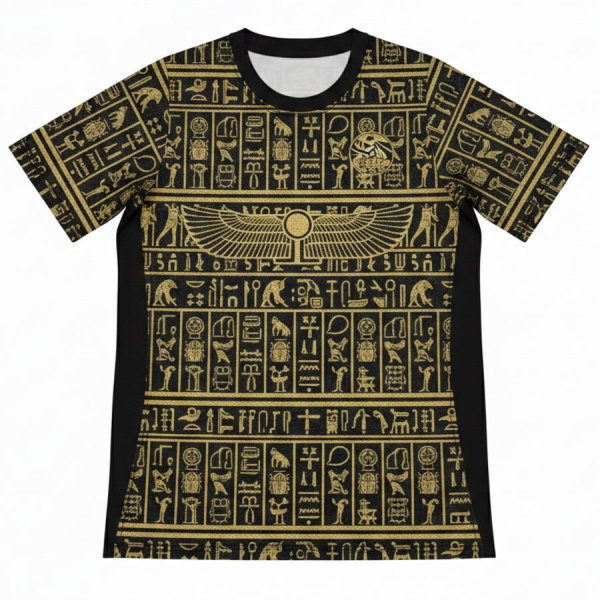 เสื้อฟุตบอลพิมพ์ลายอียิปต์โบราณสีทองด้านหน้า สั่งทำเสื้อกีฬา Sublimation โดย Sport Mighty