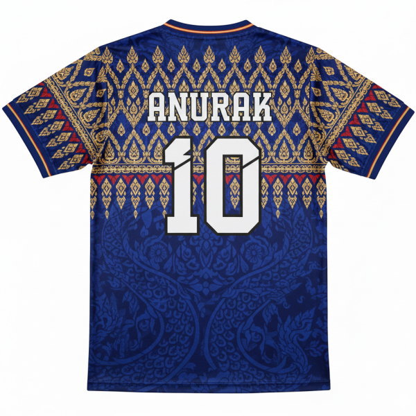 ด้านหลังเสื้อฟุตบอลพิมพ์ลาย ชื่อ ANURAK เบอร์ 10 ดีไซน์ลายไทยสีทองสุดพรีเมียม ระบบ Sublimation