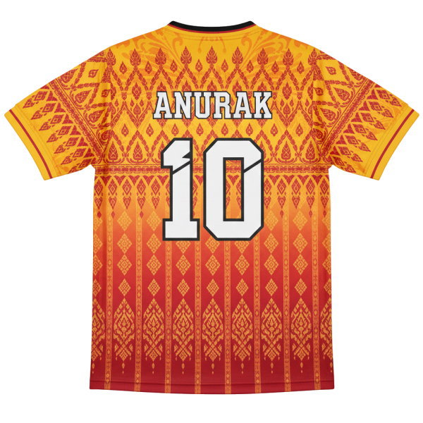 เสื้อฟุตบอลพิมพ์ลายซับลิเมชั่น ด้านหลังพิมพ์ชื่อ ANURAK หมายเลข 10 ดีไซน์ลายไทยประยุกต์สีสดใส
