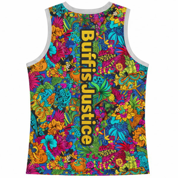 ด้านหลังเสื้อกล้ามกีฬาพิมพ์ลายกราฟิก คำว่า Buff is Justice เนื้อผ้าไมโครโพลีเอสเตอร์ระบายอากาศดี