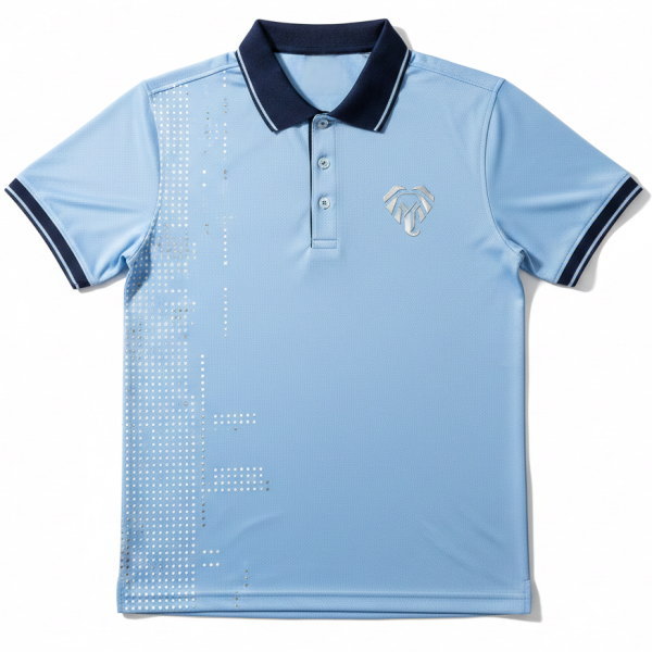 ด้านหน้าเสื้อโปโลยูนิฟอร์มบริษัทสีฟ้า พิมพ์ซับลิเมชั่น ลายกราฟิกจุด พร้อมปกสีกรมท่า ผลงานโดย Sport Mighty