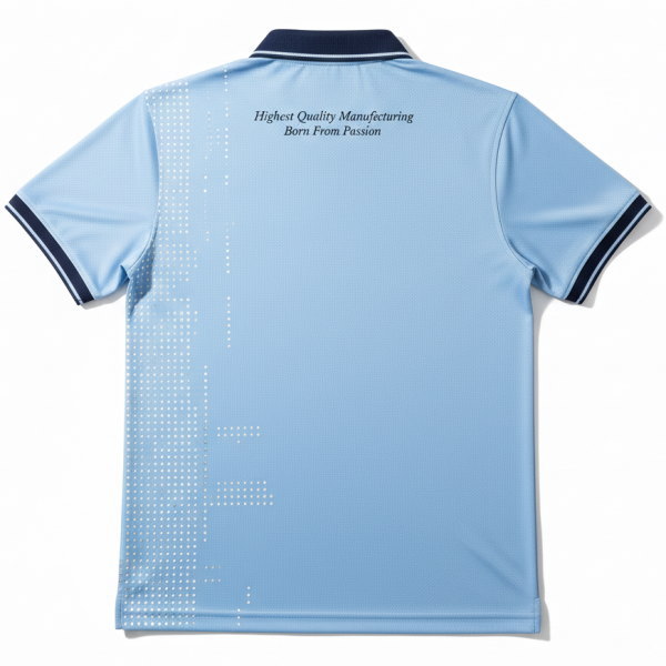 ด้านหลังเสื้อโปโลวิศวกร พิมพ์ข้อความ Highest Quality Manufacturing เนื้อผ้าไมโครโพลีเอสเตอร์ระบายอากาศดี