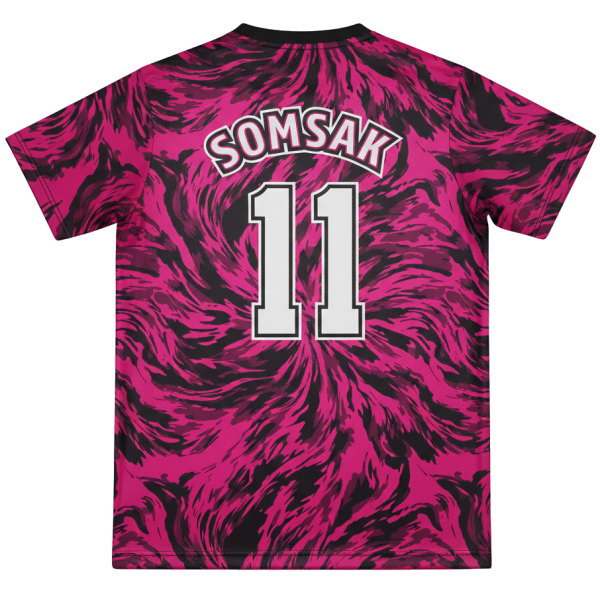 เสื้อบอลสีชมพู Shocking Pink พิมพ์ลายซับลิเมชั่น โลโก้พายุ Tornado ชื่อ CHAIWAT