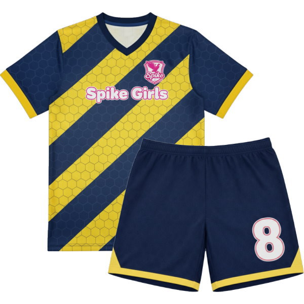 ชุดฟุตบอลหญิง Spike Girls สีกรมเหลือง ลายทางเฉียง พิมพ์ซับลิเมชั่น พร้อมกางเกงฟุตบอล
