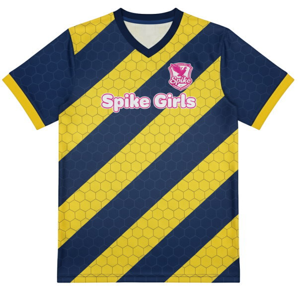 เสื้อฟุตบอลหญิงพิมพ์ลายสีกรมเหลือง โลโก้ Spike Girls สีชมพู เนื้อผ้าไมโครโพลีเอสเตอร์