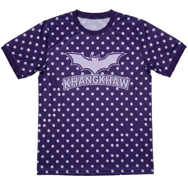เสื้อวอลเลย์บอลพิมพ์ลายจุดสีม่วง ด้านหน้า พิมพ์ชื่อทีม KHANGKHAW และโลโก้ค้างคาว ระบบซับลิเมชั่น โดย Sport Mighty