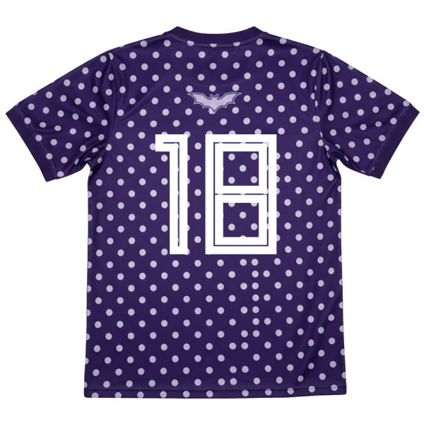 เสื้อกีฬาพิมพ์ลาย Polka Dot สีม่วง ด้านหลัง พิมพ์หมายเลข 18 เนื้อผ้าไมโครโพลีเอสเตอร์ สั่งทำเสื้อกีฬามหาวิทยาลัย