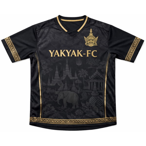 เสื้อฟุตบอลพิมพ์ลาย Sublimation สีดำทอง ลายไทยหน้า YAKYAK-FC ผลิตโดย Sport Mighty