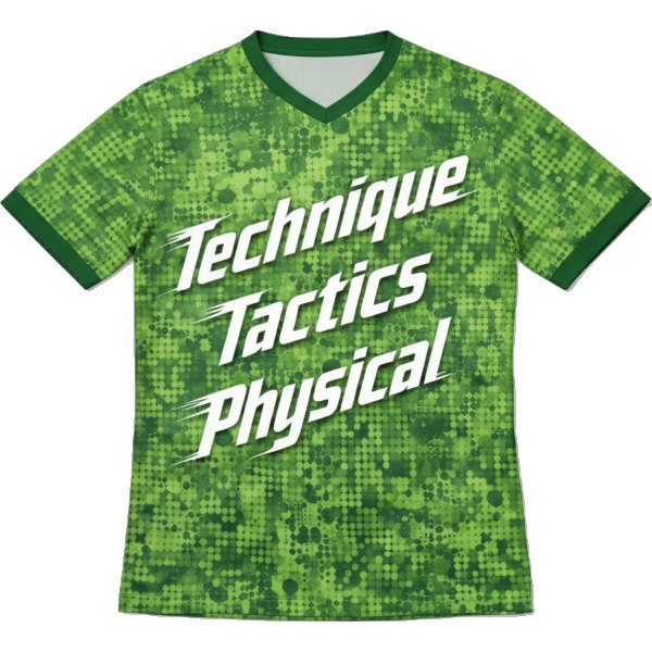 เสื้อฟุตบอลพิมพ์ลายสีเขียว ดีไซน์สปอร์ตพิมพ์ข้อความ Technique Tactics Physical ผลิตโดย Sport Mighty