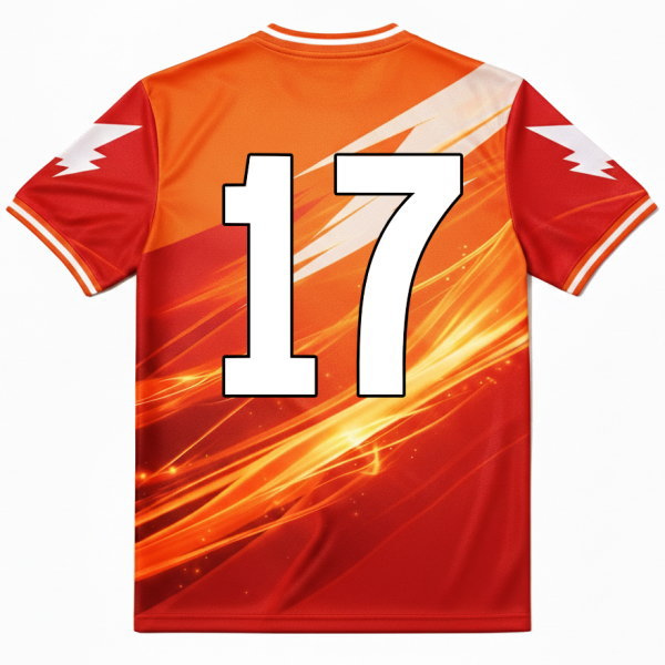 ด้านหลังเสื้อกีฬาพิมพ์ลายสีส้ม หมายเลข 17 ดีไซน์สปอร์ตเท่ๆ ส่งทั่วไทย