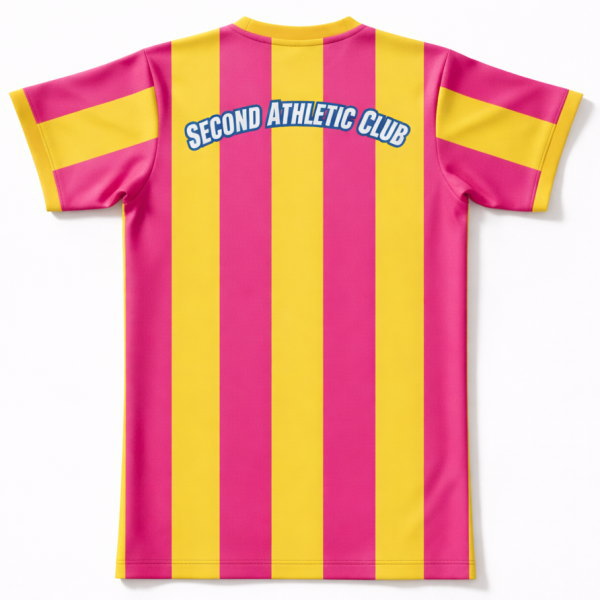 ด้านหลังเสื้อกีฬาพิมพ์ลายแถวแนวตั้งสีชมพูเหลือง SECOND ATHLETIC CLUB เนื้อผ้า Micro Polyester