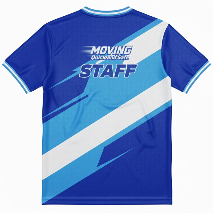 เสื้อพนักงาน STAFF พิมพ์ลายด้านหลัง สโลแกน MOVING Quick and Safe เนื้อผ้าไมโครโพลีเอสเตอร์คุณภาพสูง