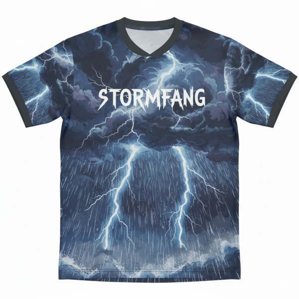 ด้านหน้าเสื้อฟุตบอลพิมพ์ลาย STORM FANG ดีไซน์พายุและเมฆฝน พิมพ์ซับลิเมชั่นเต็มตัวจาก Sport Mighty