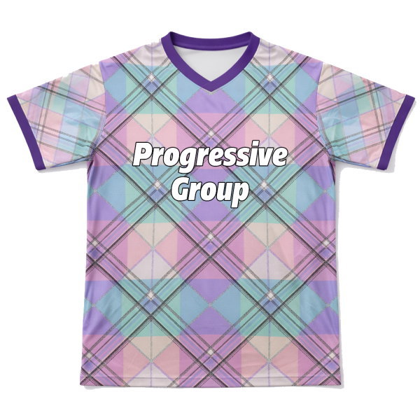 เสื้อวอลเลย์บอลพิมพ์ลายตาราง Argyle สีพาสเทล ด้านหน้า ชื่อทีม Progressive Group คอวีสีม่วง