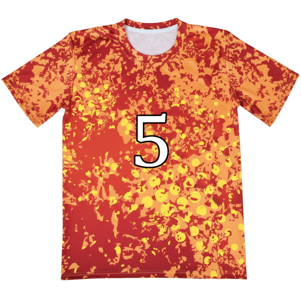 เสื้อวอลเลย์บอลพิมพ์ลายสีแดงเหลือง ด้านหน้า หมายเลข 5 ดีไซน์กราฟิกทันสมัย โดย Sport Mighty