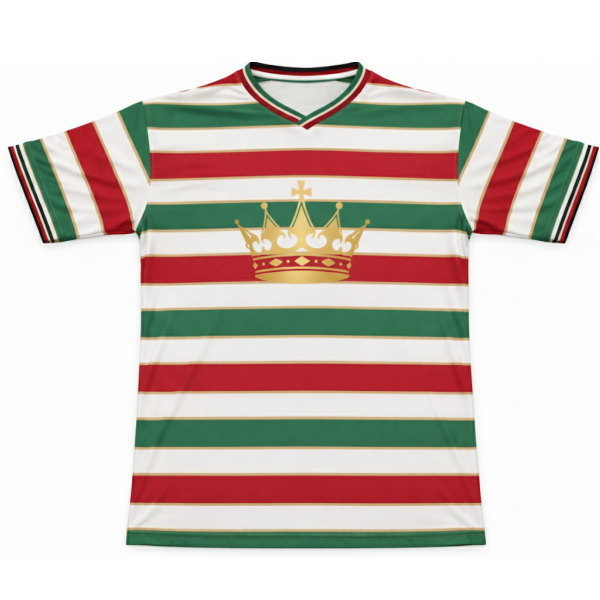 ด้านหลังเสื้อยูนิฟอร์มร้านกาแฟลายริ้วสีเขียวขาวแดง พิมพ์ชื่อและหมายเลขสีทองสไตล์เสื้อฟุตบอล