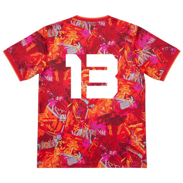 ด้านหลังเสื้อฟุตบอลพิมพ์ลายสีแดง เบอร์ 13 ลายกราฟิกทันสมัย เนื้อผ้าไมโครโพลีเอสเตอร์