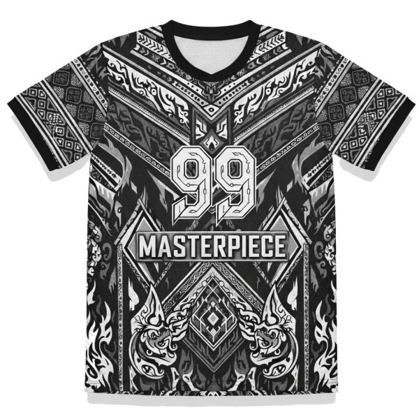 เสื้อกีฬาพิมพ์ลายด้านหน้า สีขาวดำ ลายไทยประยุกต์ หมายเลข 99 Masterpiece โดย Sport Mighty