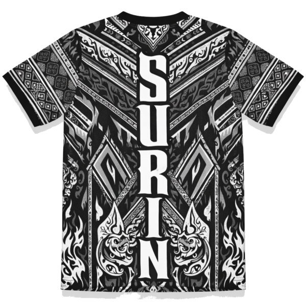 เสื้อกีฬาพิมพ์ลายด้านหลัง ตัวอักษร SURIN ลายไทยพญานาคสีขาวดำ งานสั่งทำสำหรับมหาวิทยาลัย
