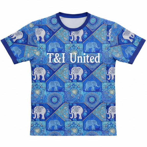 เสื้อฟุตบอลพิมพ์ลายช้างสีน้ำเงิน ด้านหน้า ชื่อทีม T&I United ผลิตโดย Sport Mighty
