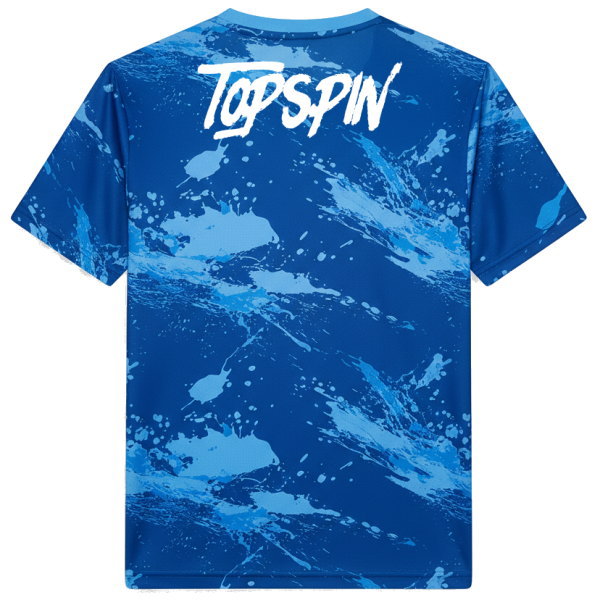ด้านหลังเสื้อกีฬาพิมพ์ลายชื่อทีม TOPSPIN สีขาวเด่นชัด ผลิตจากผ้าไมโครโพลีเอสเตอร์คุณภาพสูง