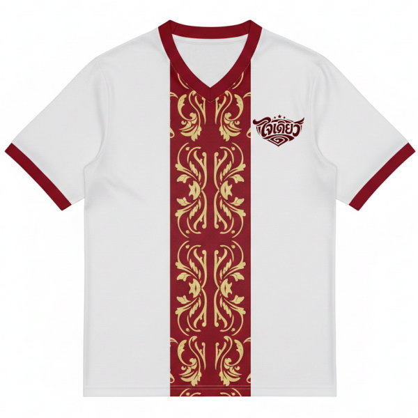เสื้อฟุตบอลคอวีสีขาวแถบแดงเลือดหมู พิมพ์ลายไทยสีทองด้านหน้า ผลงานสั่งทำทีมฟุตบอลนนทบุรี โดย Sport Mighty