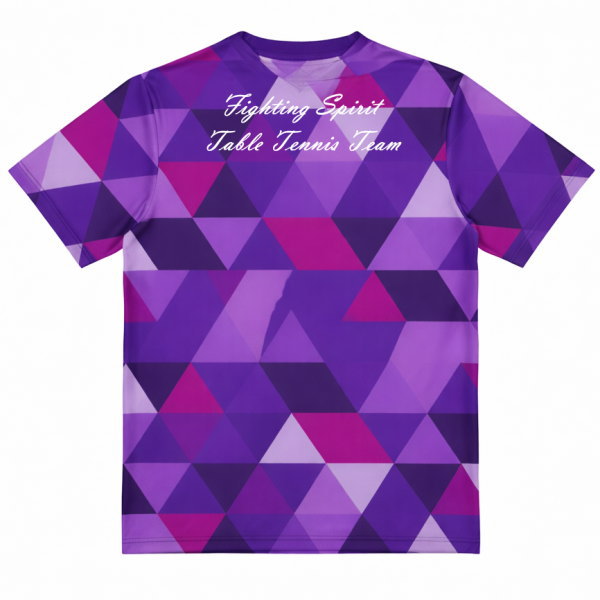 ด้านหลังเสื้อกีฬาพิมพ์ลายทีมปิงปอง สกรีนข้อความ Fighting Spirit Table Tennis Team