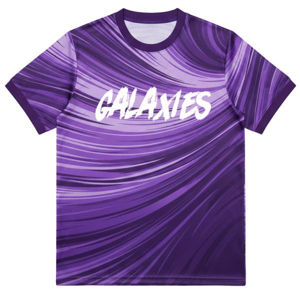 เสื้อบอลพิมพ์ลายสีม่วงด้านหน้า ชื่อทีม GALAXIES เนื้อผ้าไมโครโพลีเอสเตอร์ โดย Sport Mighty