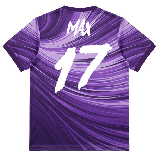 เสื้อบอลพิมพ์ลายสีม่วงด้านหลัง พิมพ์ชื่อ MAX เบอร์ 17 งานซับลิเมชั่นคุณภาพสูง