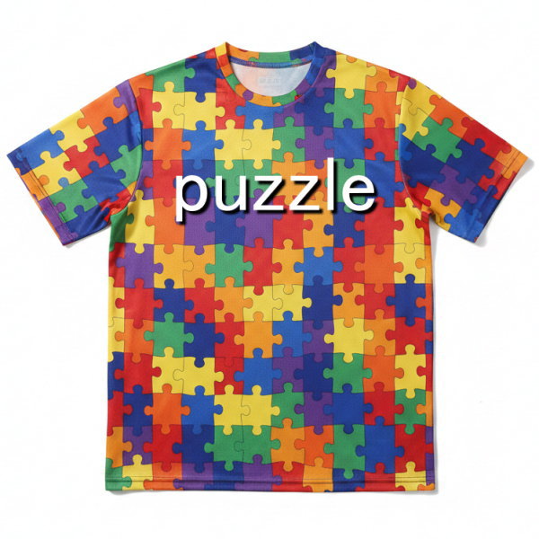 เสื้อกิจกรรมมหาวิทยาลัย ลายจิ๊กซอว์หลากสี พิมพ์ซับลิเมชั่น ข้อความ puzzle ด้านหน้าผ้าไมโครโพลีเอสเตอร์ โดย Sport Mighty