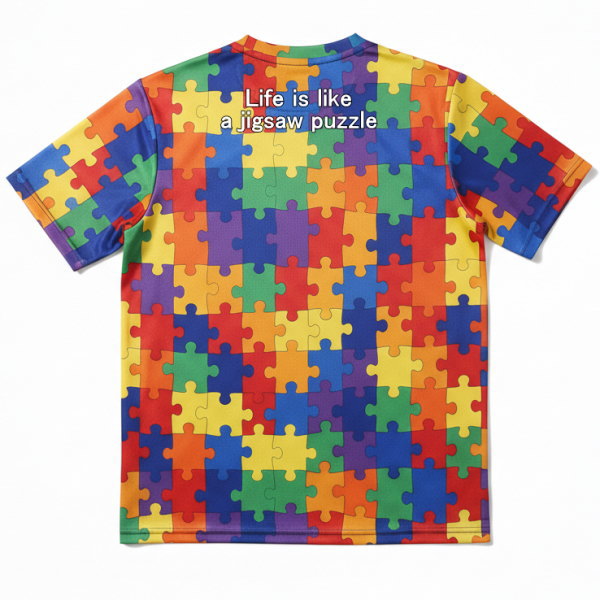 เสื้อทีมคณะ ลายจิ๊กซอว์ ด้านหลังมีข้อความ Life is like a jigsaw puzzle ผลิตจากผ้าตาข่ายระบายอากาศ สั่งทำเสื้อกีฬาได้ทั่วไทย