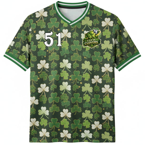 โลโก้ทีมฟุตบอล Live in Clovers พิมพ์ลายซับลิเมชั่นสีทองและเขียวพรีเมียม