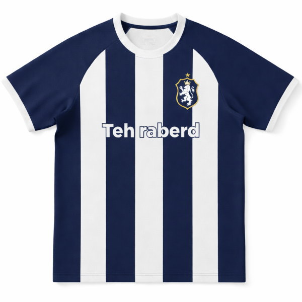 เสื้อฟุตบอลพิมพ์ลายทางสีน้ำเงินขาว ดีไซน์ Raglan พร้อมโลโก้ทีมสิงห์ สั่งทำพิเศษจาก Sport Mighty