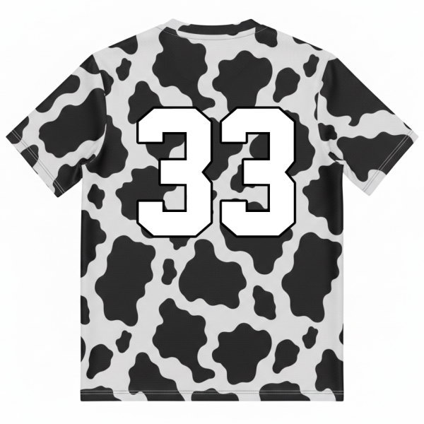 ด้านหลังเสื้อกีฬาพิมพ์ลายวัว หมายเลข 33 เนื้อผ้าไมโครโพลีเอสเตอร์ ระบายอากาศดี