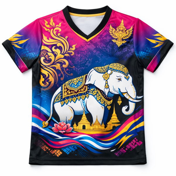 เสื้อกีฬาสีคอวีพิมพ์ลายช้างเผือกไทยสีชมพูน้ำเงิน เนื้อผ้าไมโครโพลีเอสเตอร์ สั่งทำโดย Sport Mighty