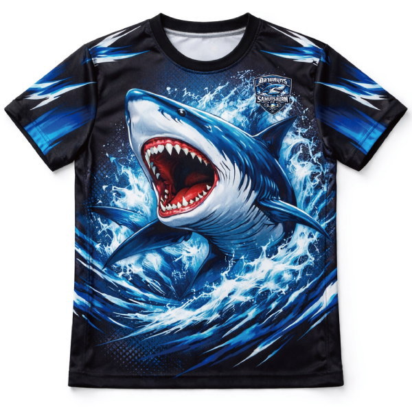 เสื้อฟุตบอลพิมพ์ลายด้านหน้า ลายฉลามสีน้ำเงิน สำหรับทีมฟุตบอลชลบุรี โดย Sport Mighty