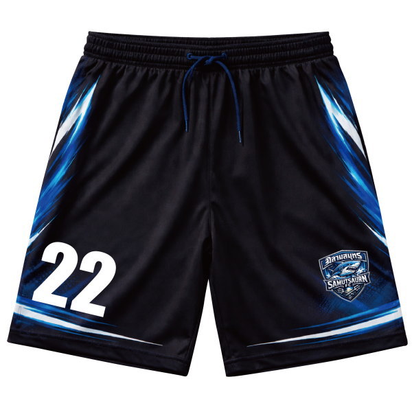 กางเกงฟุตบอลขาสั้นสีดำพิมพ์ลายกราฟิกสีน้ำเงิน พร้อมหมายเลข 22 และโลโก้ทีม