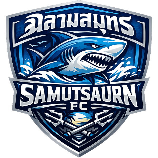 โลโก้ทีมฟุตบอล Samutsauron FC ดีไซน์รูปฉลามและตรีศูล สไตล์โมเดิร์นสีน้ำเงินเงิน